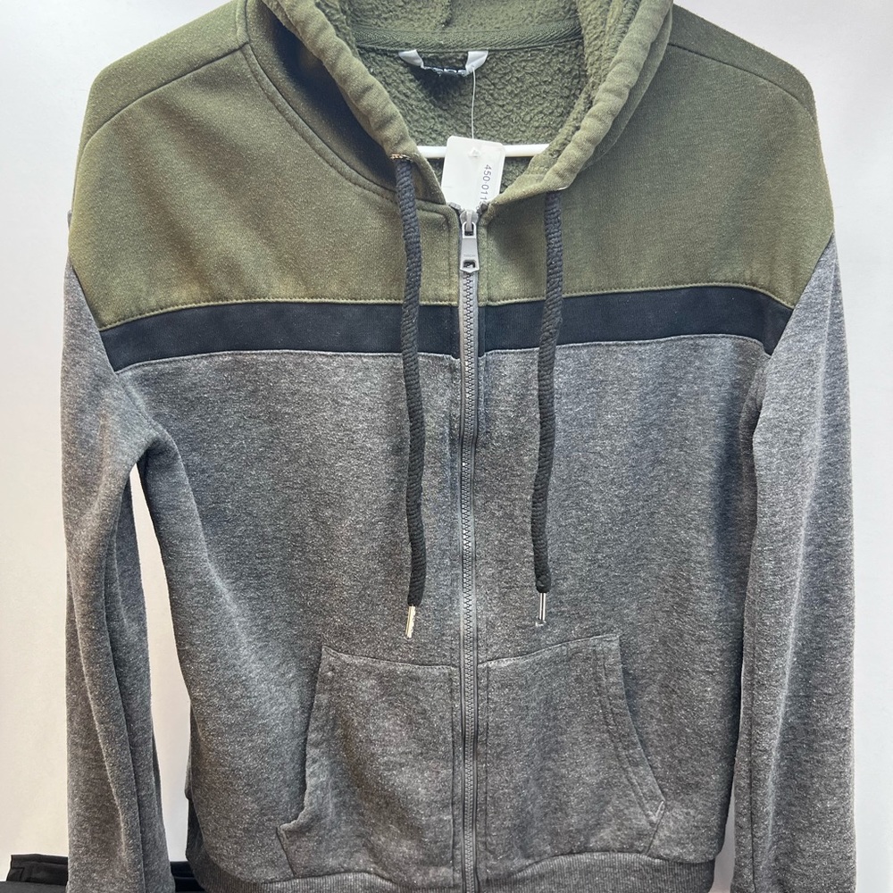 Bebe Sport women’s size Small logo sleeve hooded zip up sweatshirt.